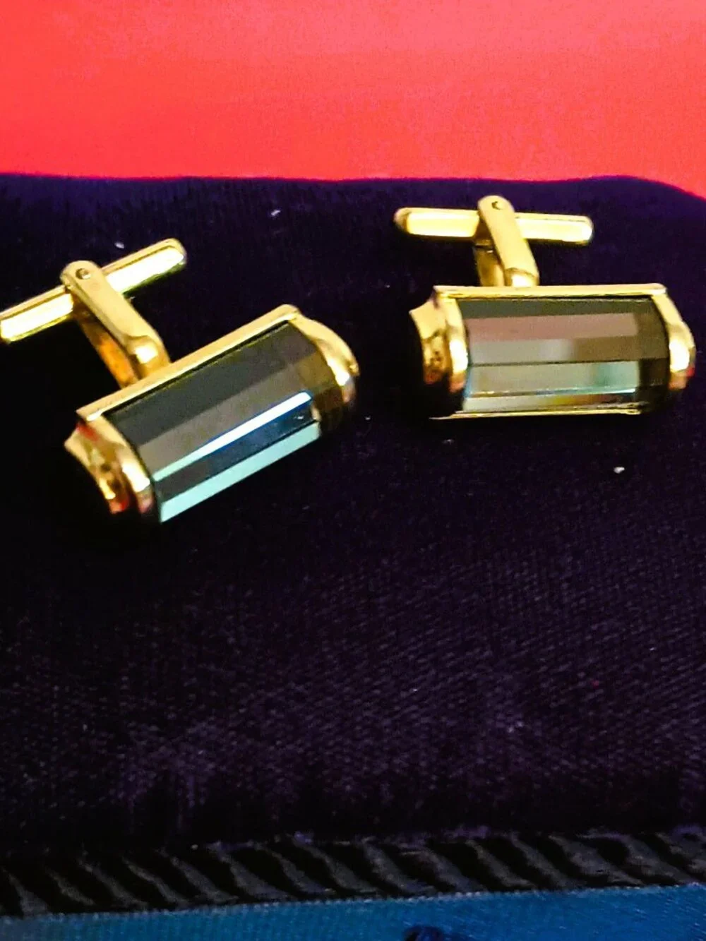Gold Tone Rectangle Cufflinks with Blue Beveled Color Change Glass